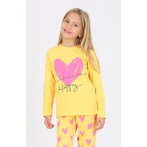 Kız Çocuk Uzun Kollu %100 Pamuklu Pijama Takımı Happy Heart Sarı Sarı