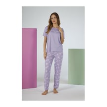 Estiva Kadın Yaprak Alt Desenli Kısa Kollu Soft Pijama Takımı LİLA