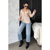Madmext Bej Çizgili Cepli Kadın Gömlek Mg2345 Bej