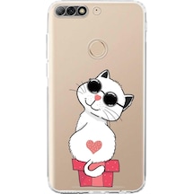 Huawei Y7 2018 Uyumlu Kamera Korumalı Kapak Coolcat Tasarımlı Şeffaf Kılıf Şeffaf