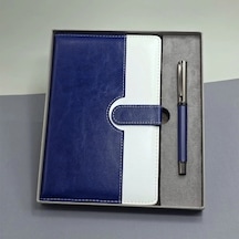 Hubrendy Emin Mavi Beyaz Deri Kapaklı Defter Ve Metal Kalem Set