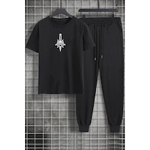 Uyguntarz Unisex Skullcracked Baskılı 2'li Eşofman Takımı Siyah
