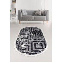 Dijidekor Halı Siyah Cool K1320 Saçaklı Oval Kaymaz Kesme İnc... Gri - Siyah