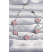 Ezoconcept 316l Çelik Gümüş Renk Pembe Mineli Yonca Bileklik 001