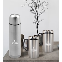 Bk Gift Kişiye Özel Deri Çantalı Krom Seyahat Termosu Ve İkili Termos Mug Hediye Seti - 7