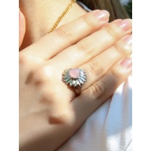 Doğal Taş Pembe Kuvars Doğal Taşlı Papatya Modelli Kadın Ayarlanabilir Gümüş Kaplama Yüzük Euy64pkr Pembe