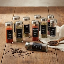 12 Li Metal Kapaklı Cam Baharatlık Seti, 80ml, 110ml Ve 170ml Boyut Seçenekli, Etiket Hediyeli Silindir Baharat Takımı, Modern Mutfak Düzenleyici Kavanoz Seti 170ml- 12 Adet