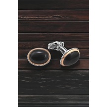 Gümüş Siyah Onix Oval Taşlı Kol Düğmesi -5716 Gümüş