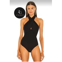 Kadın Siyah Boyundandan Bağlamalı Ipek Jarse Bodysuit