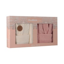 Orkide Güpürlü Aile Bornoz Seti Krem-pembe