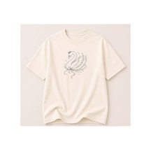 Herkesemoda Kuğu Baskılı Kadın Bisiklet Yaka Pamuklu T-shirt Krem