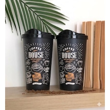 2'li Coffee House Desenli Büyük Boy Kahve Bardağı Takımı 2 X 650 Ml - Kahverengi Pipet Girişli Kapaklı Bardak Paketi Acı Kahve