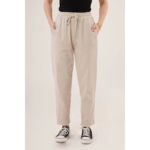 Defymoda Cepli Belden Bağlamalı Paça Detaylı Krem Pantolon Krem