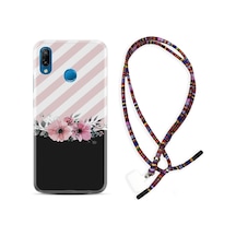 Huawei P20 Lite Kılıf Rasta Boyun Askılı Strip Pink Flowers 1396 Siyah