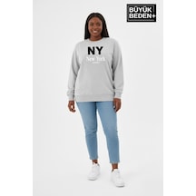 Süperlife Kadın Büyük Beden Ny Newyork Baskılı Bisiklet Yaka İnce Sweatshirt Spr26bswk956-15 Gri Melanj