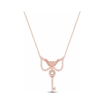 Çekirdekjewelry Gümüş Kanat Detaylı Kalp Ve Anahtar Kolye 925 Ayar Zirkon Taşlı Zarif Tasarım Pembe