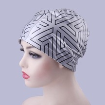 Beyaz Geometrik Baskı Daralan Trim Rahat Unisex Yüzme Şapkası Yetişkin Kulak Koruyucu Yüzme Havuzu Şapka Yüzme Aksesuarları Beyaz