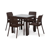 Rattan Camlı Lüx 80x80 Masa Takımı 1 Masa + 4 Sandalye Kahve Bahçe Balkon Teras Kahve