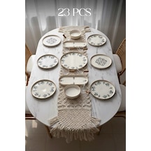 23 Parça 6 Kişilik Stackable Seramik Çiçek Desenli Sosluklu Kaşıklı Kahvaltı Takımı D-harma Beyaz
