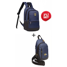 Esvelans Unisex Mini Sırt Çantası Ve Çapraz Askılı Göğüs Omuz Çantası Body Bag Set Lacivert