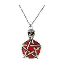 Kırmızı Skull Pentagram Gothic Figürlü Unisex Kolye 60 Cm Zincirli Gotik, Antik Ve Mistik Tasarım Çok renkli