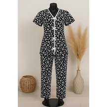 Angbutik Kadın Siyah Beyaz Desenli Fiyonklu Kısa Kollu Pijama Takımı