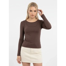 Park Karon 26031 Kadın Geniş Yaka Slim Fit Tasrım Modal Penye Bluz Kahve