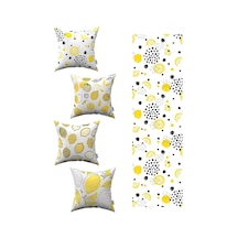 Beyaz Sarı Limon Desenli 4'lü Kırlent Kılıfı 1 Runner Seti 4kmbs91-rs-03