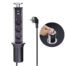 Manuel Asansörlü Gizlenebilir Gömme Grup Priz 16a 1.8 Mt Kablolu 2 Usb Li 3 Lü Grup Priz 60mm 1.8 M