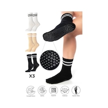 Saysez Bambu Kadın Siyah-beyaz-bej Kaydırmaz Taban Silikon Baskı Pilates Yoga Fitness Bale Dans Aktivite Tenis Çorabı 3'lü Renkli