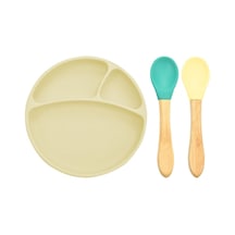 Oioi Silikon Tabak+Bambu Saplı Silikon Kaşık