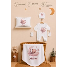 Pia Baby Kız Bebek Hastane Çıkışı 5 Parça Tulum Seti %100 Pamuk İsme Özel Organik Baskılı 1008tybyx Ekru