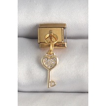 316l Çelik Gold Renk Sallantı Zirkon Taşlı Kalpli Anahtar Model Nomination Charm