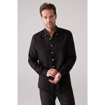 Erkek Siyah Slim Fit Yaka Düğmeli %100 Keten Gömlek