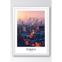 Tokyo Japan Vintage Seyahat Posteri Çerçeveli Tablo - Premium Gece Silüeti Elit Duvar Dekoru Beyaz
