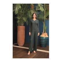 Shafag Home Herşeytrend Uzun Kollu Önü Düğmeli V Yaka Pijama Takımı Yeşil