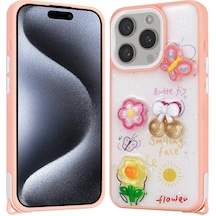 Mobilefix Apple Uyumlu iPhone 15 Pro Kılıf Parlayan Simli Kabartma Figürlü Cevze Kapak - Pembe Pembe