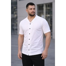 Erkek Waffle Kumaş Kısa Kollu Düğmeli Açık Yaka Regular Fit Gömlek - Beyaz Beyaz