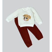 1-2-3 Yaş Mutlu Köpekcik Nakışlı Kuzu Kumaş Sweat Patili Pantolon Uzun Kollu Kız Erkek 2 Li Takımı Bordo Çok Renkli