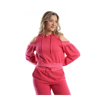 Kadın Kapüşonlu Omuz Dekolteli Sweatshirt Pembe