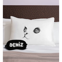 Bk Gift Kişiye Özel Eğlenceli Kedi Tasarrımlı Pamuklu Yastık Kılıfı Ve Göz Bandı Uyku Seti-3, Tasarım Ev Tekstili, Uyku Bandı, Ev Hediyesi