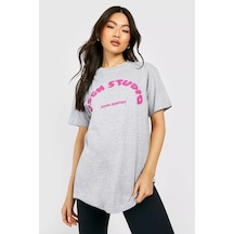 Gri Oversize Dsgn Season T-shirt - Oversize Baskılı Gri