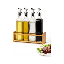 Cam Zeytinyağı Ve Sirke Şişesi Seti Doğa Ahşap Tutucu 250ml Sızdırmaz Kapaklı Sos Yağdanlık Set Standlı 4'lü Set Ahşap