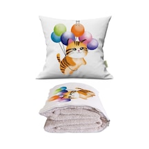 Uçan Balonlu Kedicik Baskılı Dekoratif Yastık Kırlent Opsiyonel Battaniye 2 İn 1 Çok Renkli