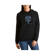 Cool 3D Skull Baskılı Siyah Kadın Kapşonlu Sweashirt