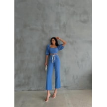 Mythrıva Keten Crop Karpuz Kol Bluz-pantolon Hasır Kemerli - Mavi