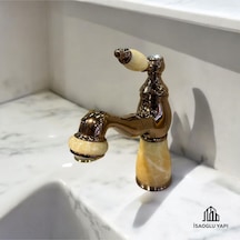İsaoğlu Yapı Bakır Lavabo Bataryası Bronz Bal Mumu Detaylı Mermer Tasarım Spiralli Uzayabilen Armatür Bakır