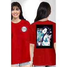 Shinobu Kocho Demon Slayer Kırmızı Oversize Unisex Ön Ve Sırt Baskılı Tişört Kırmızı