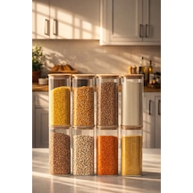 Porsima 7-4 Bambu Vakumlu Kapaklı Kare Borsilikat Cam 8li Kavanoz Seti Saklama Kabı 1900ml 9,5x27cm