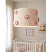 El Yapımı Ponpon Çiçekli Bebek Odası Avizesi 30x20 Cm Pudra Krem Çocuk Odası Aydınlatma Pudra Pembe